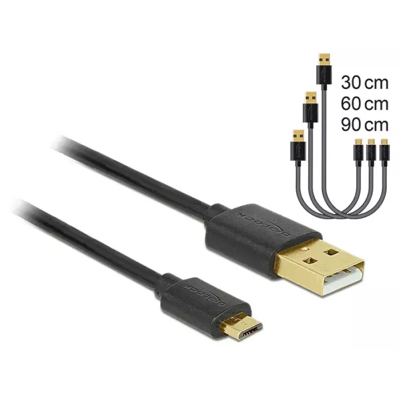 Delock USB 2.0 Type-A - Micro-B data- ja latauskaapeli, 3 kpl:n setti, musta