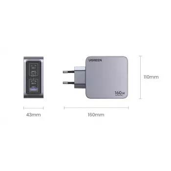 Ugreen Nexode Pro 160W GaN -laturi USB-C-kaapelilla yleismalli musta, harmaa AC-pikalataus sisäkäyttöön