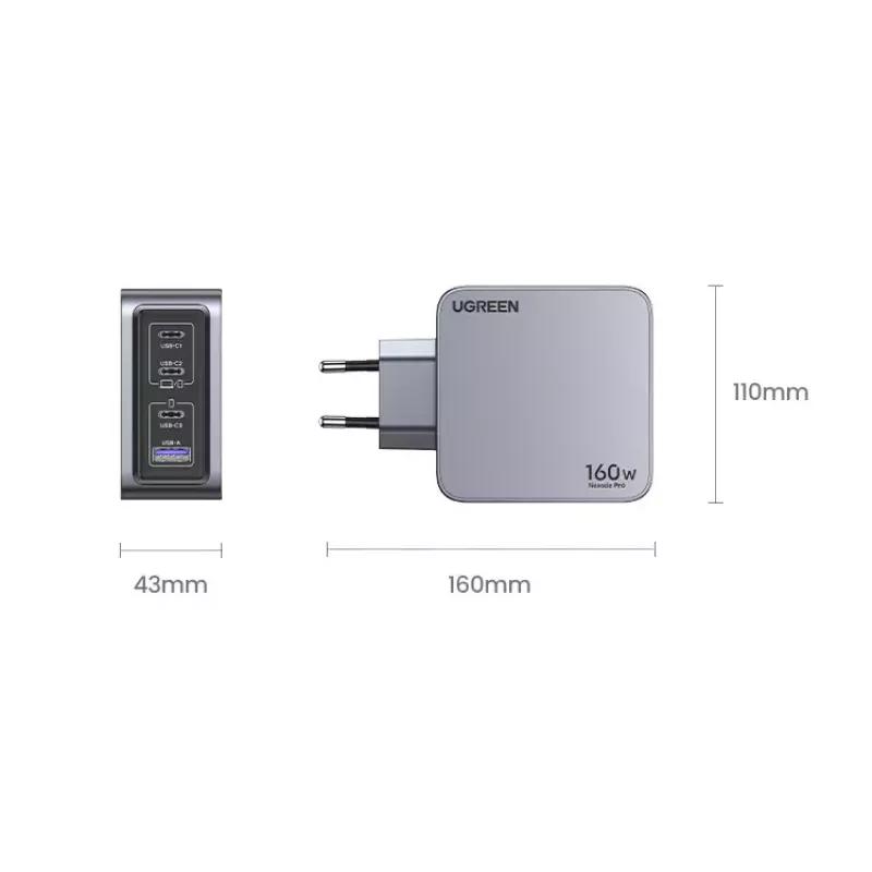 Ugreen Nexode Pro 160W GaN -laturi USB-C-kaapelilla yleismalli musta, harmaa AC-pikalataus sisäkäyttöön