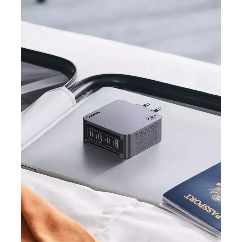 Ugreen Nexode Pro 160W GaN -laturi USB-C-kaapelilla yleismalli musta, harmaa AC-pikalataus sisäkäyttöön