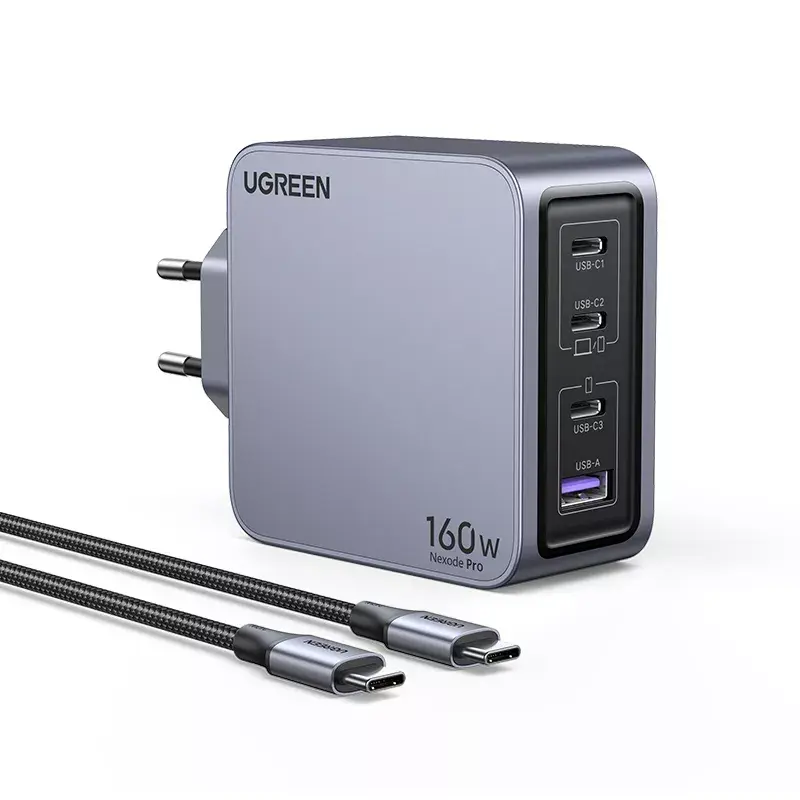 Ugreen Nexode Pro 160W GaN -laturi USB-C-kaapelilla yleismalli musta, harmaa AC-pikalataus sisäkäyttöön