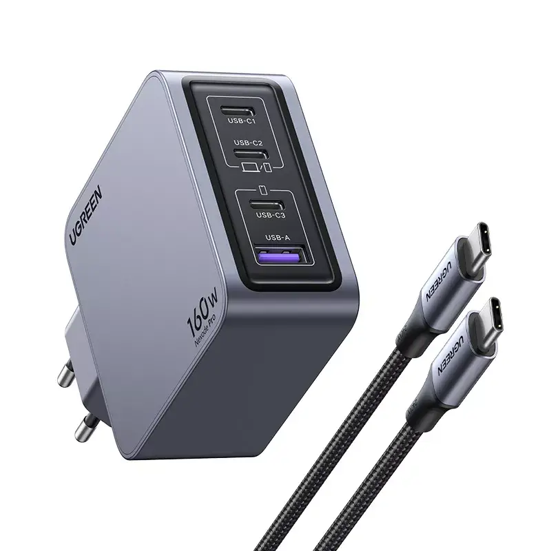 Ugreen Nexode Pro 160W GaN -laturi USB-C-kaapelilla yleismalli musta, harmaa AC-pikalataus sisäkäyttöön