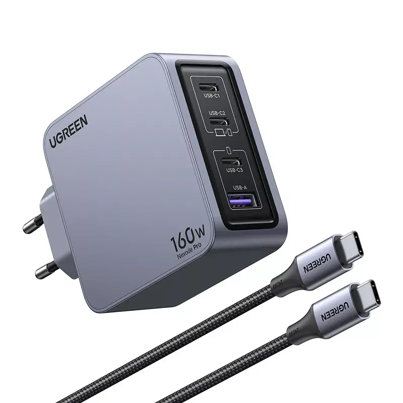 Ugreen Nexode Pro 160W GaN -laturi USB-C-kaapelilla yleismalli musta, harmaa AC-pikalataus sisäkäyttöön