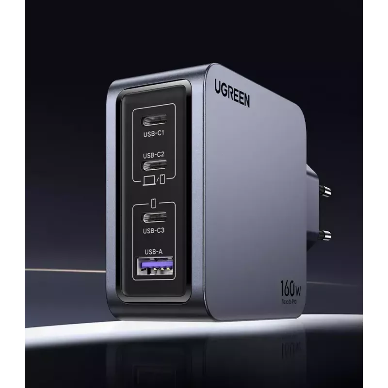 Ugreen Nexode Pro 160W GaN -laturi USB-C-kaapelilla yleismalli musta, harmaa AC-pikalataus sisäkäyttöön
