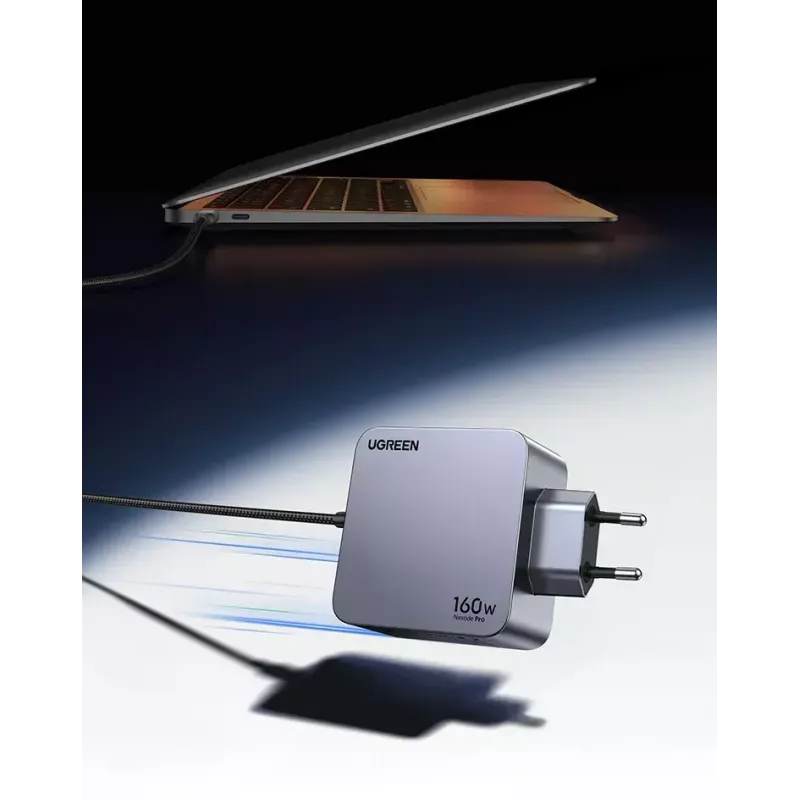Ugreen Nexode Pro 160W GaN -laturi USB-C-kaapelilla yleismalli musta, harmaa AC-pikalataus sisäkäyttöön