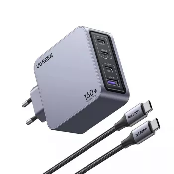 Ugreen Nexode Pro 160W GaN -laturi USB-C-kaapelilla yleismalli musta, harmaa AC-pikalataus sisäkäyttöön
