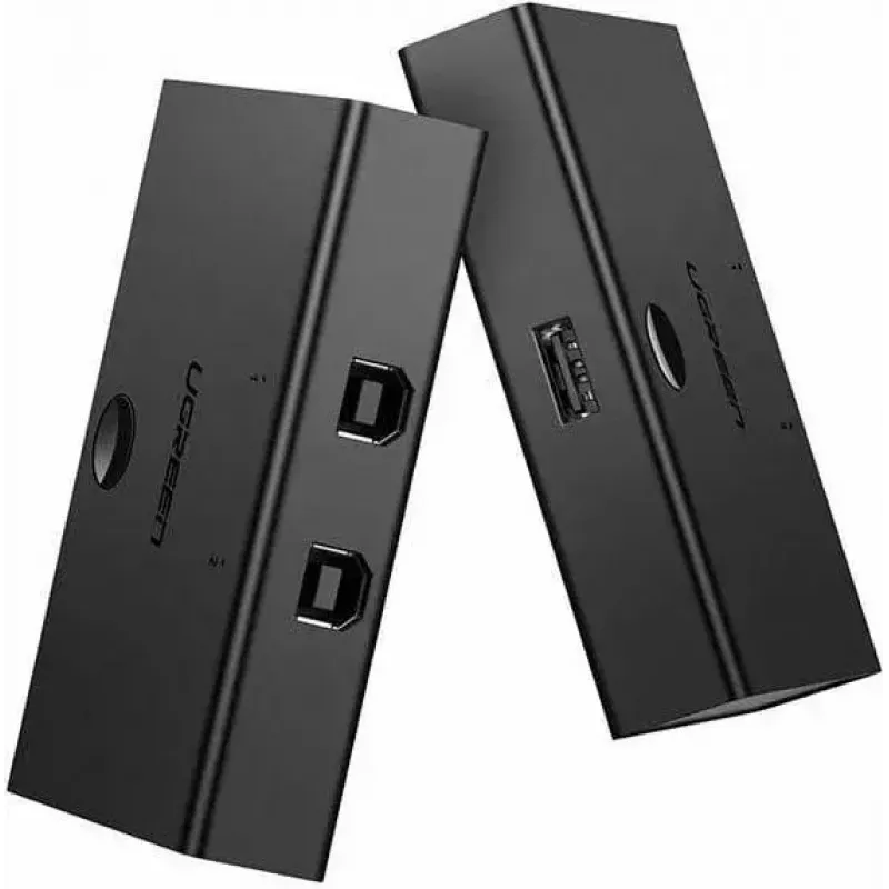 USB-kytkin UGREEN UGR423 2x1 musta — 2 tietokonetta 1 USB-laitteeseen, manuaalinen painike