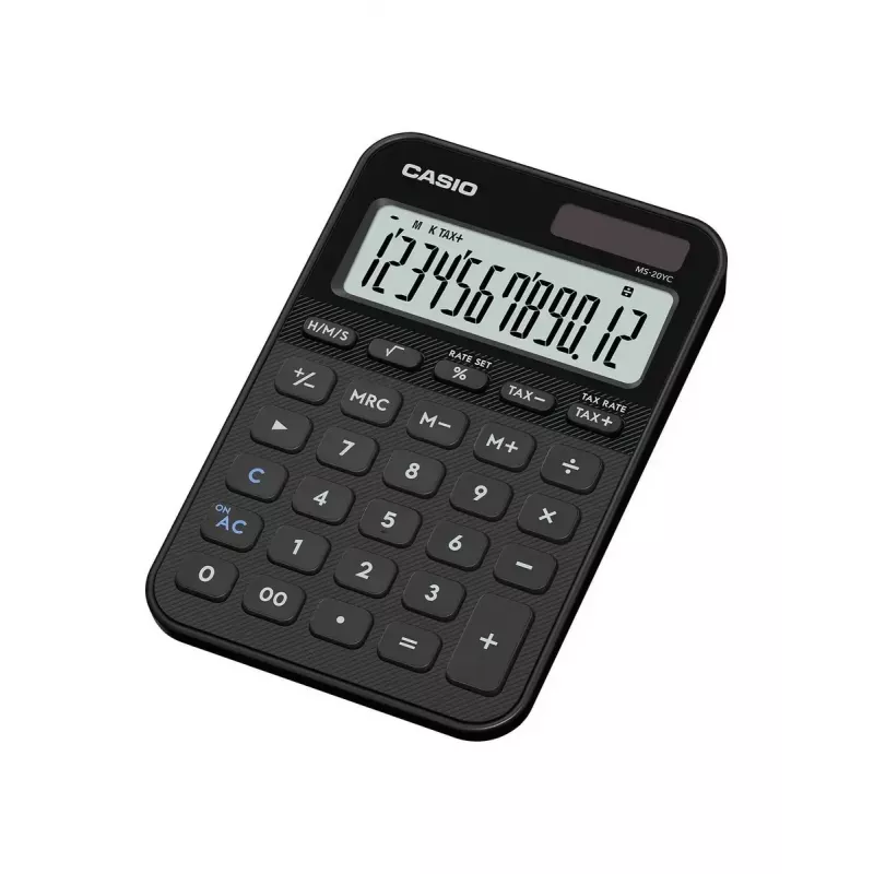 Pöytälaskin CASIO MS-20YC — perusmalli, paristo-/aurinkoenergia, vero- ja voittolaskenta, musta