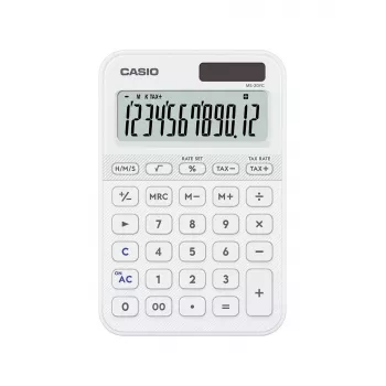 Pöytälaskin CASIO MS-20YC — 12-numeroinen, paristo/aurinko, vero- ja voittotoiminnot, valkoinen