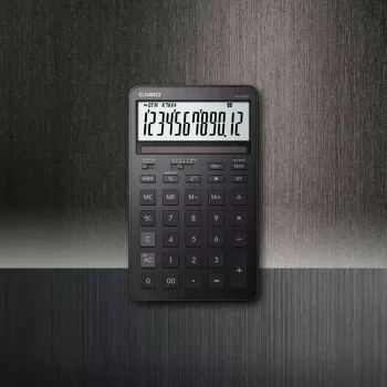 Pöytälaskin CASIO JW-200DQ – perus, 12-numeroinen, vero- ja voittotoiminnot, paristo/aurinko, musta