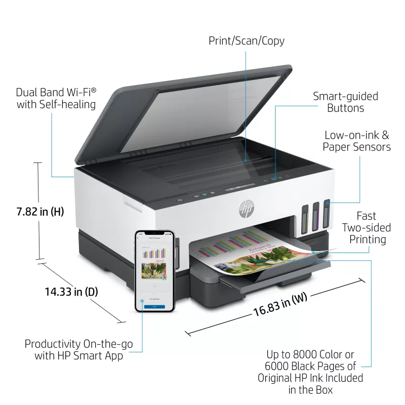HP Smart Tank -tulostin, lämpömustesuihku, värillinen tulostus, 4800 x 1200 DPI, A4, suoratulostus, harmaa