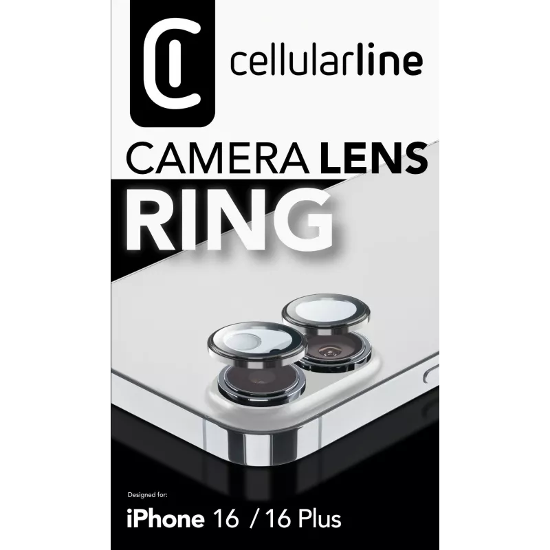 Cellularline kameraobjektiivin rengas - iPhone 16/16 Plus karkaistu lasi kameran suojaukseen