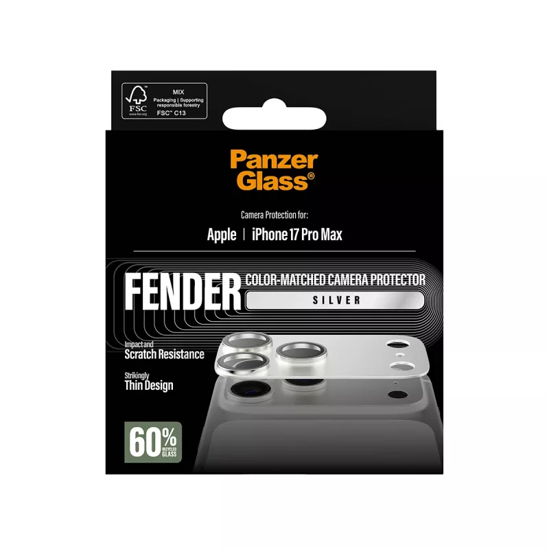 PanzerGlass Fender kameransuojus iPhone 17 Pro Max — silikoni, hopea, naarmu- ja iskunkestävä