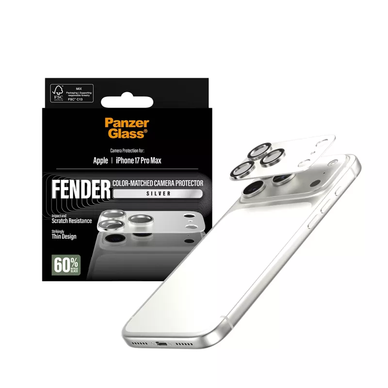 PanzerGlass Fender kameransuojus iPhone 17 Pro Max — silikoni, hopea, naarmu- ja iskunkestävä