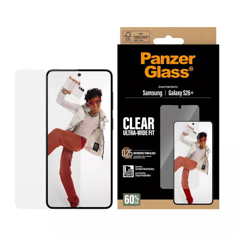 Karkaistu näytönsuojus PanzerGlass Samsung Galaxy S26+ – U-Wide Fit EasyAlignerilla