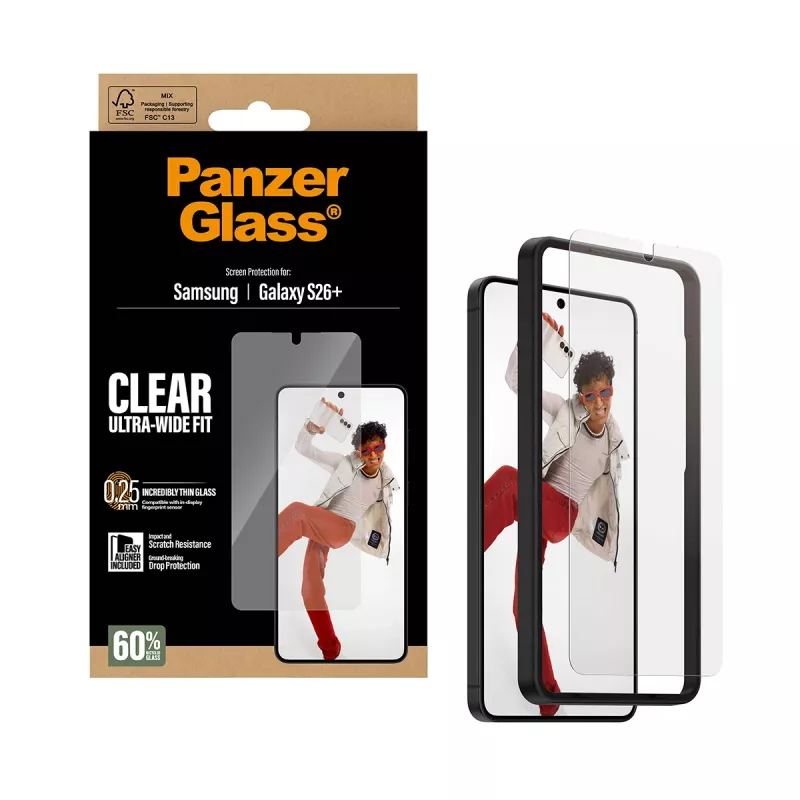 Karkaistu näytönsuojus PanzerGlass Samsung Galaxy S26+ – U-Wide Fit EasyAlignerilla