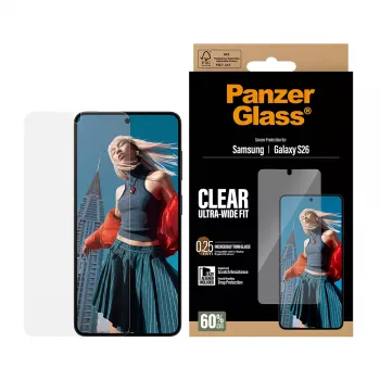 Läpinäkyvä PanzerGlass näytönsuojakalvo Samsung Galaxy S26 – Ultra-Wide Fit, PET + silikoni, kuiva-asennus