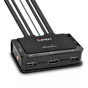 Lindy 2-porttinen KVM-kytkin, HDMI 4K60, USB 2.0 & ääni, kaapeli, musta
