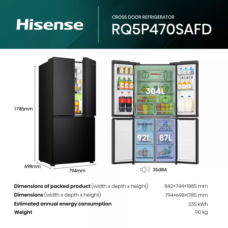 Hisense RQ5P470SAFD vapaasti seisova 483 L musta, ruostumaton teräs