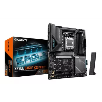 GIGABYTE X870E EAGLE X3D WIFI7 -emolevy - tukee AMD Ryzen 9000 -suorittimia, 14+2+2 vaiheen digitaalinen VRM, jopa 9000Hz DDR5 (OC), 1xPCIe 5.0 + 3xPCIe 4.0, Wi-Fi 7, 5GbE LAN, USB 4