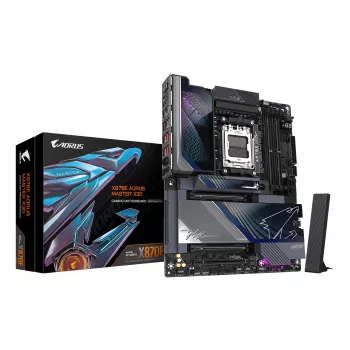 GIGABYTE X870E AORUS MASTER X3D emolevy - tukee AMD Ryzen 9000 suorittimia, 18+2+2 vaihetta digitaalinen VRM, jopa 9000Hz DDR5 (OC), 2xPCIe 5.0 + 3xPCIe 4.0, Wi-Fi 7, 10GbE LAN, USB 4