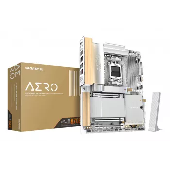 GIGABYTE X870E AERO X3D WOOD -emolevy - tukee AMD Ryzen 9000 -suorittimia, 16+2+2 vaiheen digitaalinen VRM, jopa 9000MHz DDR5 (OC), 2xPCIe 5.0 + 2xPCIe 4.0, Wi-Fi 7, 5GbE LAN, USB 4