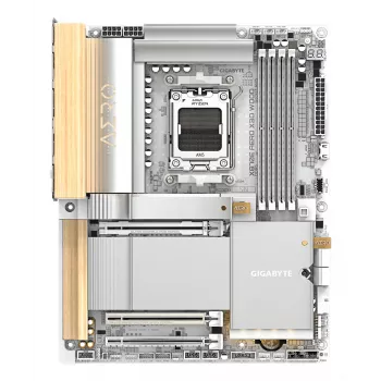 GIGABYTE X870E AERO X3D WOOD -emolevy - tukee AMD Ryzen 9000 -suorittimia, 16+2+2 vaiheen digitaalinen VRM, jopa 9000MHz DDR5 (OC), 2xPCIe 5.0 + 2xPCIe 4.0, Wi-Fi 7, 5GbE LAN, USB 4