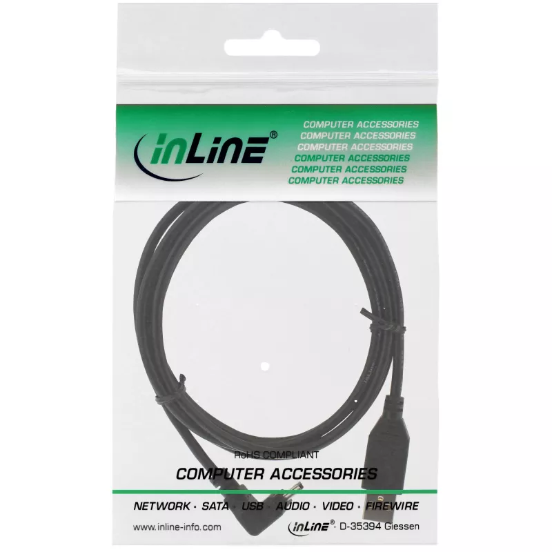 USB-2.0-kaapeli InLine 0,3 m — USB-A-uros Mini-USB-B-urokseen, 90° ylöspäin taivutettu, musta