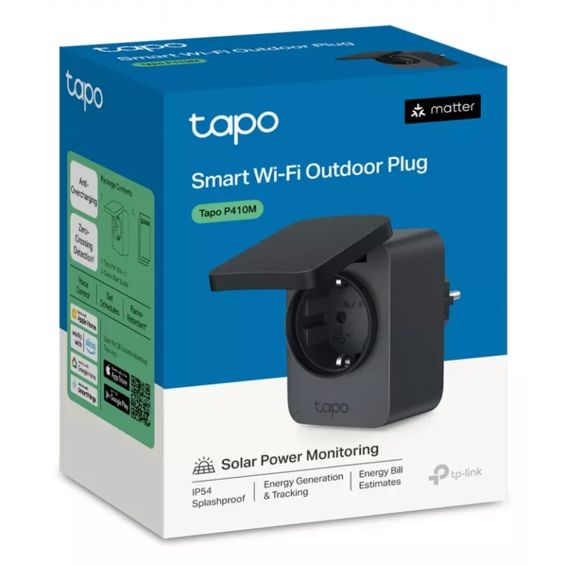 Älypistoke TP-Link Tapo P410M – ulkokäyttöön Wi-Fi-pistorasia, 3680 W, 200–250 V, musta