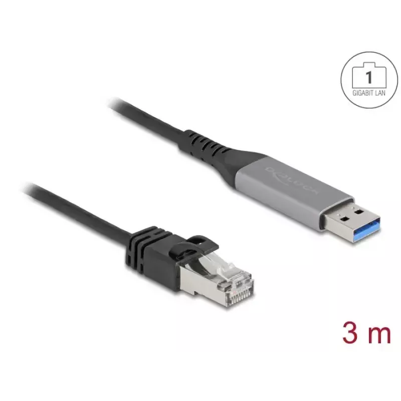 Verkkokaapeli DELOCK USB Type-A - RJ45 Gigabit Ethernet Cat6, 3 m, antrasiitti/musta