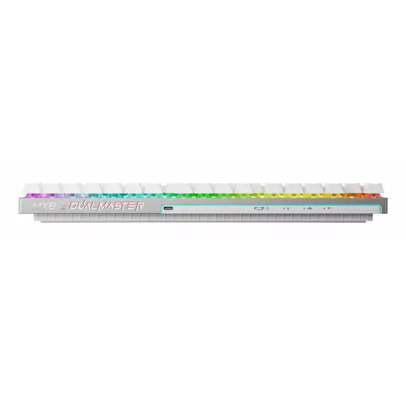 Langaton pelinäppäimistö CHERRY MX 8.2 Pro TMR — tenkeyless, QWERTZ saksa, USB + RF + Bluetooth, RGB, hopea/valkoinen