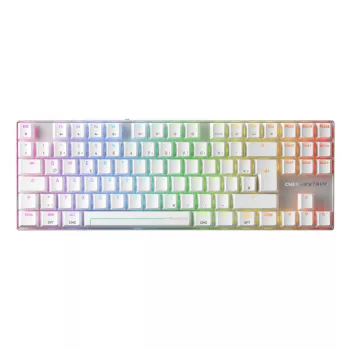 Langaton pelinäppäimistö CHERRY MX 8.2 Pro TMR — tenkeyless, QWERTZ saksa, USB + RF + Bluetooth, RGB, hopea/valkoinen