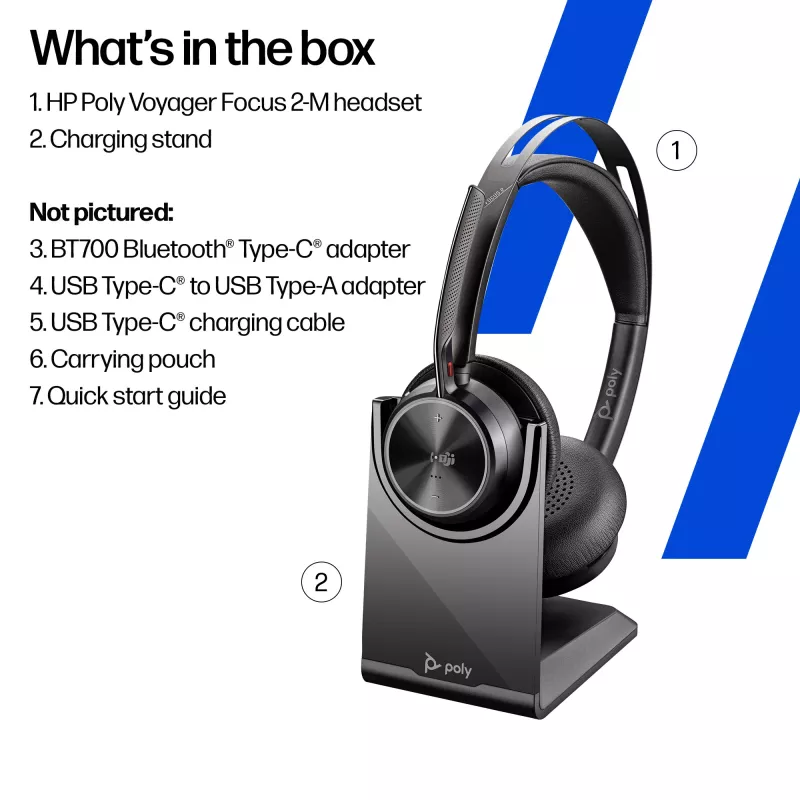 HP Poly Voyager Focus 2-M USB-C-C kuulokemikrofoni USB-C/A sovitin latausteline