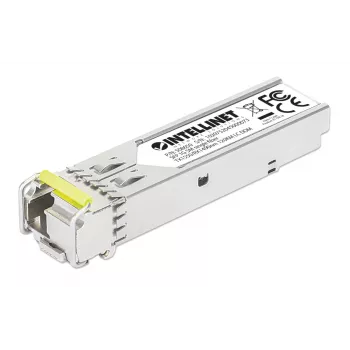 Intellinet Gigabit Fiber WDM kaksisuuntainen SFP optinen lähetin-vastaanotin-moduuli 1000Base-BX-D (LC) single-mode-portti, 120 km, BiDi WDM (RX1490/TX1550), MSA-yhteensopiva maksimaaliseen yhteensopivuuteen, hopea