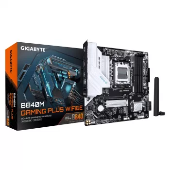 GIGABYTE B840M GAMING PLUS WIFI6E emolevy - AMD Ryzen 9000 -suorittimet, 8+2+2 vaiheinen VRM, jopa 8200MHz DDR5 (O.C), 2x PCIe 4.0 M.2, Wi-Fi 6E, 1GbE LAN, USB 3.2 Gen 2