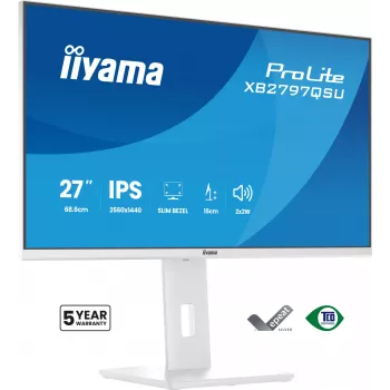 27 inch IIYAMA ProLite XB2797QSU-W1 IPS Quad HD (2560x1440) LED-näyttö, 178° katselukulma, USB 3.2-keskitin, kaiuttimet, VESA, korkeussäädettävä, valkoinen