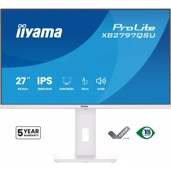 27 inch IIYAMA ProLite XB2797QSU-W1 IPS Quad HD (2560x1440) LED-näyttö, 178° katselukulma, USB 3.2-keskitin, kaiuttimet, VESA, korkeussäädettävä, valkoinen