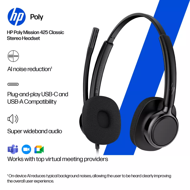 Johdollinen stereo-headset HP Poly Mission 425 Classic USB, over-ear, 126 g