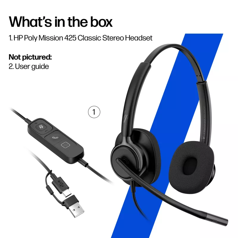 Johdollinen stereo-headset HP Poly Mission 425 Classic USB, over-ear, 126 g