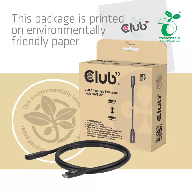 USB-C 40Gbps jatkokaapeli 1 m — club 3d, USB C - USB C, musta