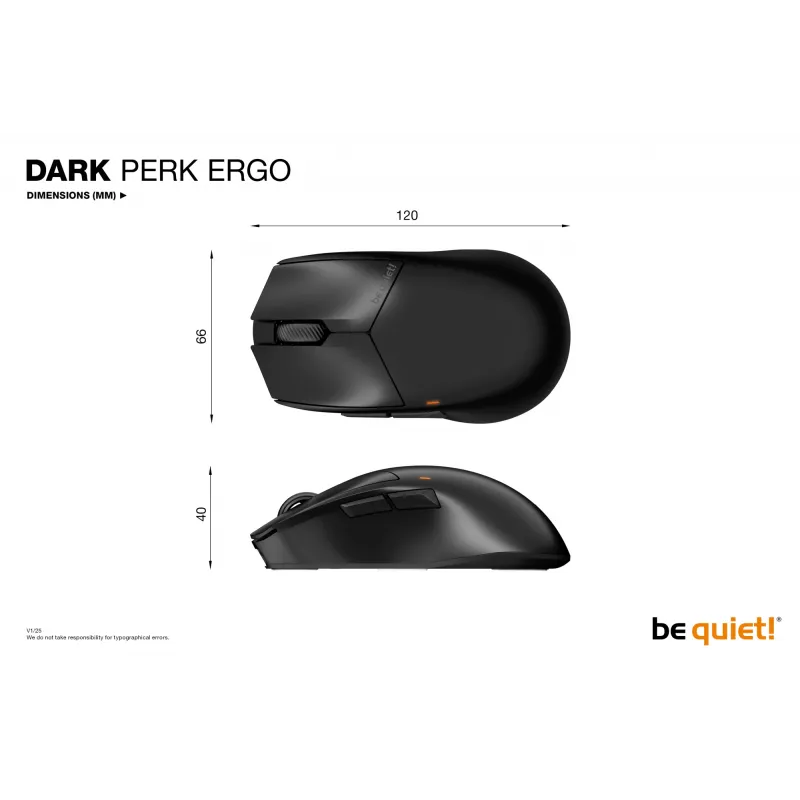 be quiet Dark Perk | Ergo -pelihiiri oikeakätisille RF langaton + USB Type-C optinen 32000 DPI