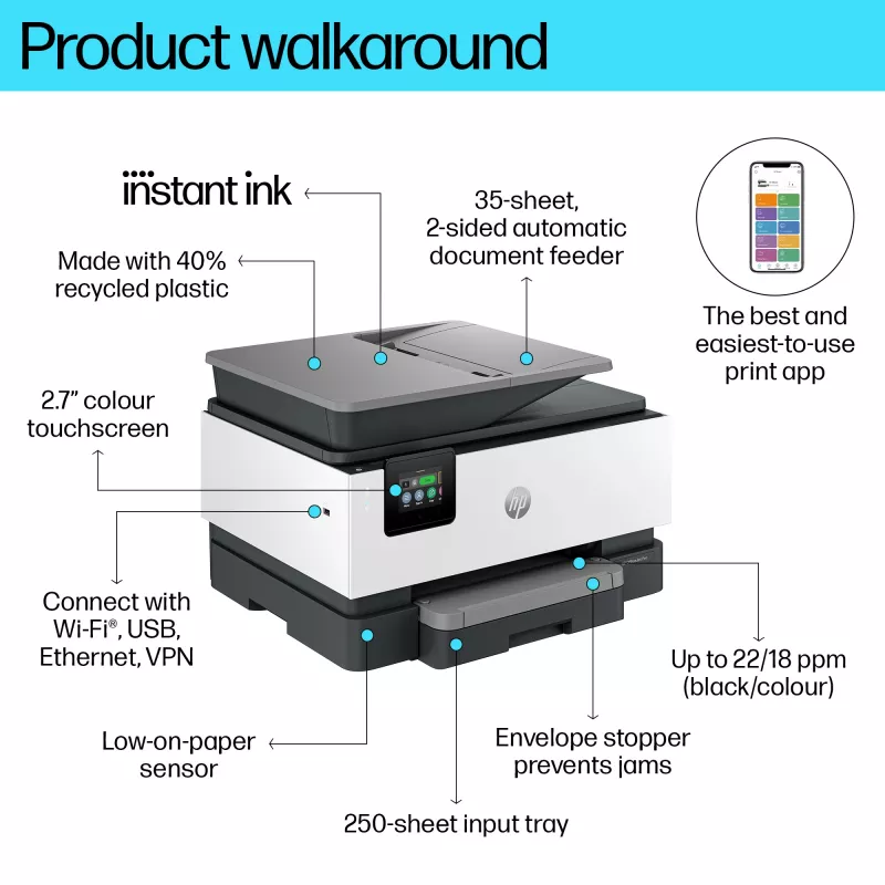HP OfficeJet Pro 9122e langaton monitoimiväritulostin, Instant Ink; kaksipuolinen tulostus