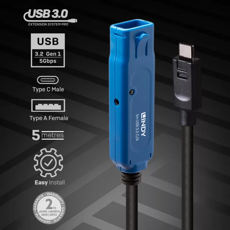 Lindy 5 m USB 3.2 Gen 1 C/A Active Extension Pro, 5 m, USB-C, USB-A, USB 3.2 Gen 1 (3.1 Gen 1), musta