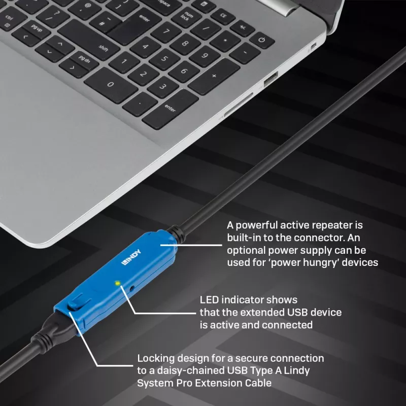 Lindy 5 m USB 3.2 Gen 1 C/A Active Extension Pro, 5 m, USB-C, USB-A, USB 3.2 Gen 1 (3.1 Gen 1), musta