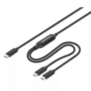 Manhattan dual USB-C–USB-C-latauskaapeli, 100 W, 2 m, pistoke kahteen pistokkeeseen, älykäs jakokaapeli, lataa kaksi laitetta yhdestä USB-C-PD-liitännästä, toimittaa jopa 100 W yksittäislatauksessa ja jopa 70 W + 28 W kaksoislatauksessa, punottu kaapeli, alumiinipistokkeet, musta