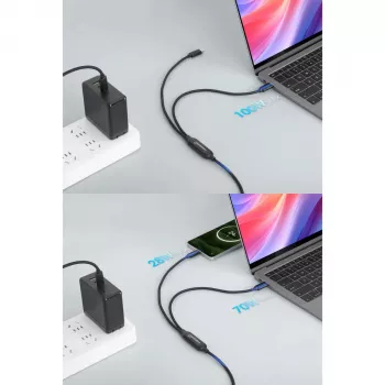 Manhattan dual USB-C–USB-C-latauskaapeli, 100 W, 2 m, pistoke kahteen pistokkeeseen, älykäs jakokaapeli, lataa kaksi laitetta yhdestä USB-C-PD-liitännästä, toimittaa jopa 100 W yksittäislatauksessa ja jopa 70 W + 28 W kaksoislatauksessa, punottu kaapeli, alumiinipistokkeet, musta