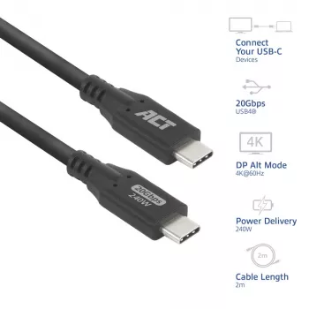 ACT USB4 20Gbps 240W USB Type-C-kaapeli, 2 metriä, 2 m, USB C, USB C, USB4 Gen 2x2, 20 Gbit/s, musta