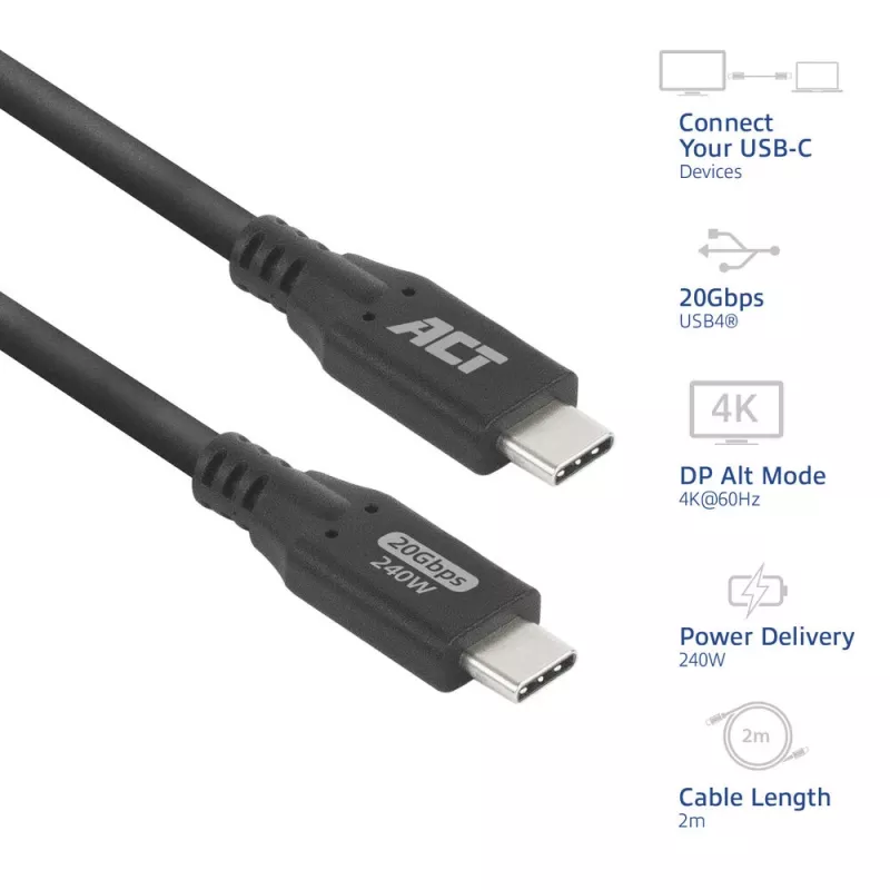 ACT USB4 20Gbps 240W USB Type-C-kaapeli, 2 metriä, 2 m, USB C, USB C, USB4 Gen 2x2, 20 Gbit/s, musta