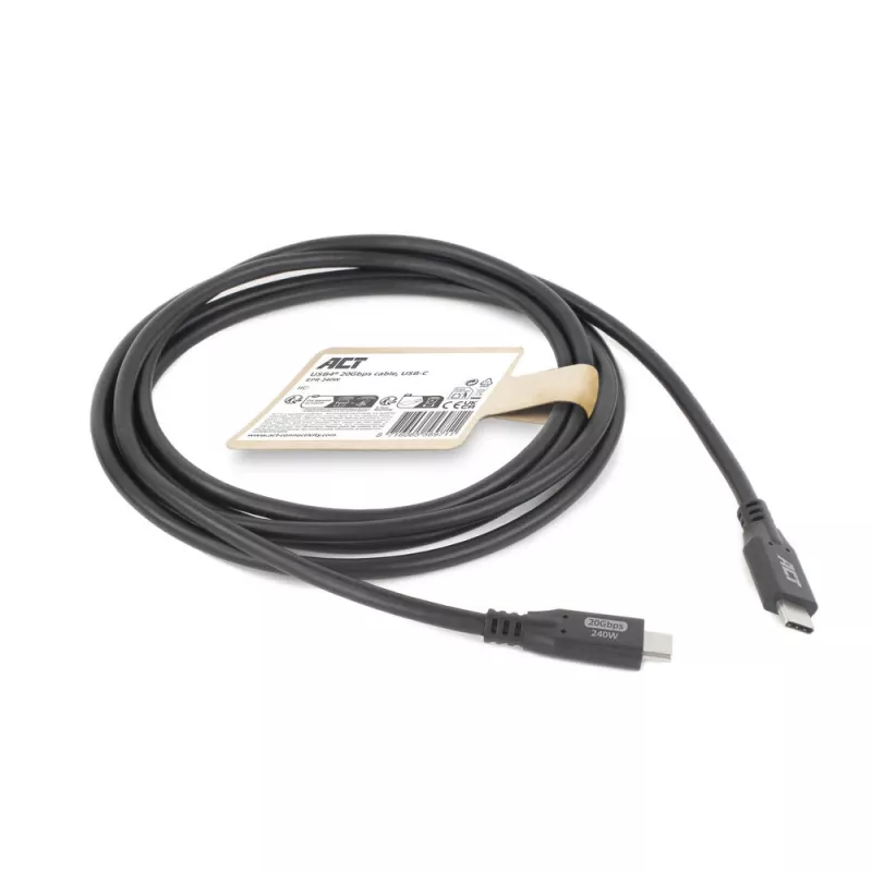 ACT USB4 20Gbps 240W USB Type-C-kaapeli, 2 metriä, 2 m, USB C, USB C, USB4 Gen 2x2, 20 Gbit/s, musta