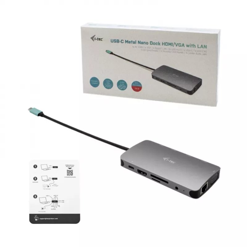 i-tec Metal USB-C Nano -telakka HDMI/VGA ja LAN + yleislaturi 77 W